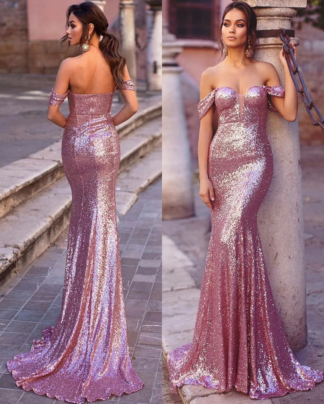 

Vintage Long Sequined Off Shoulder Evening Dresses Mermaid Pink Open Back Sweep Train Robes De Mariée Party Gowns For Women