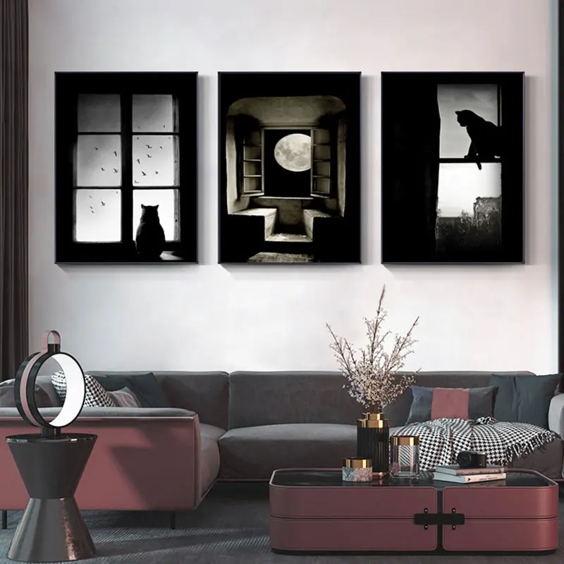 Современный милый кот n лунный свет пейзаж настенное искусство холст черные