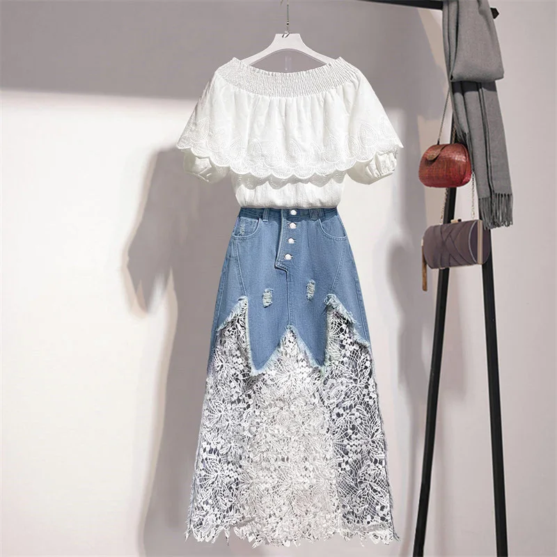 

Женский костюм Лето 2021 новый стиль Топ на одно плечо кружевная джинсовая юбка с прострочкой модный костюм из двух предметов