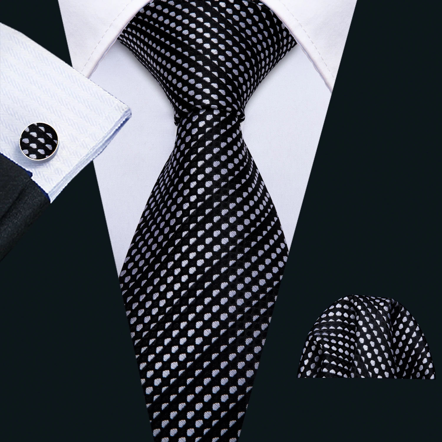 

Мужские галстуки в горошек, черный/белый галстук в горошек, набор карманных квадратных запонок, модный галстук для бизнеса, свадьбы, галстук...