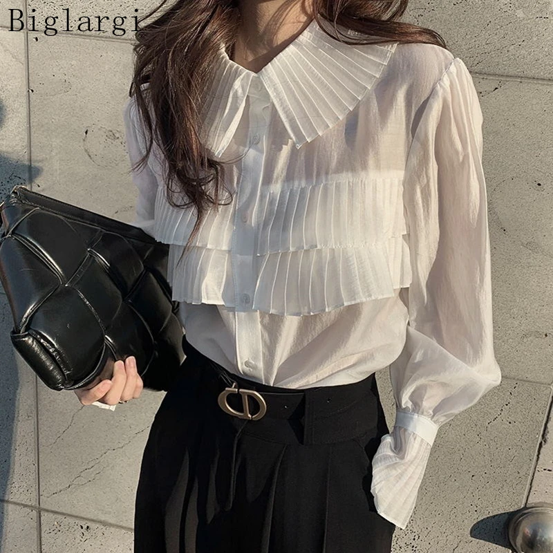 

Spring Pleated Shirt Long Sleeve White Chiffon Ruffle Blouse Women Korean Elegante Womens Vintage Blouses Office Tops 2022 New