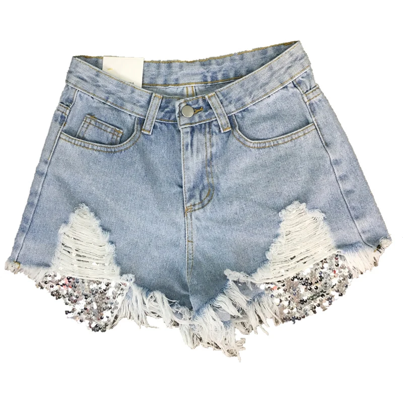 

CHICEVER Streetwear Patchwork Sequined Tassel Denim Shorts For Women High Waist Hot Sexy Summer Shorts Jeans Female 2021 New