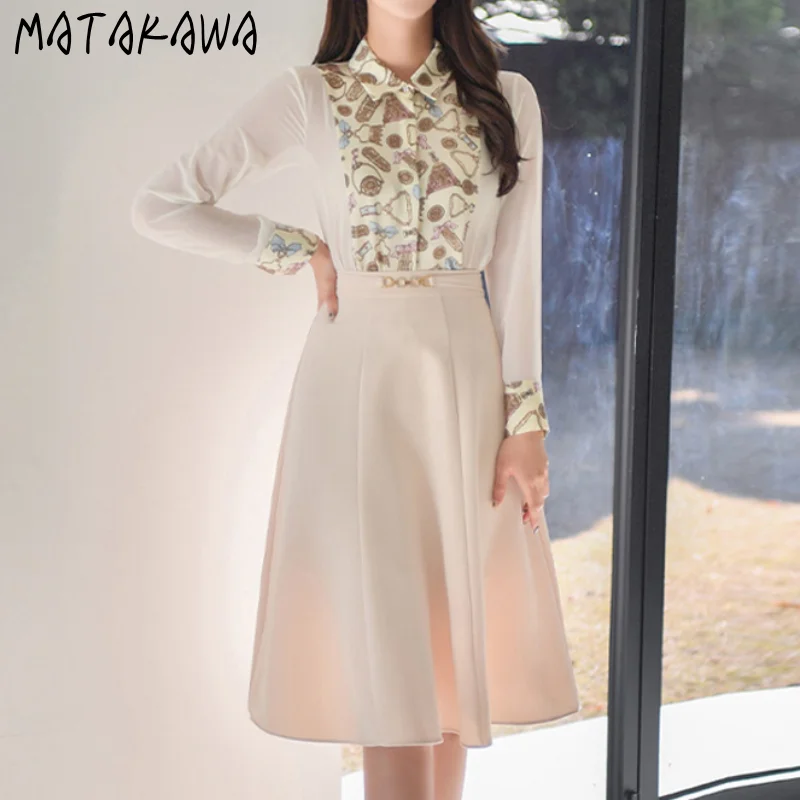 Matakawa Skirt Suits Korean Fashion Vintage Elegant Print Patchwork Shirts + High Waist Slim Swing Faldas Largas Women Sets |