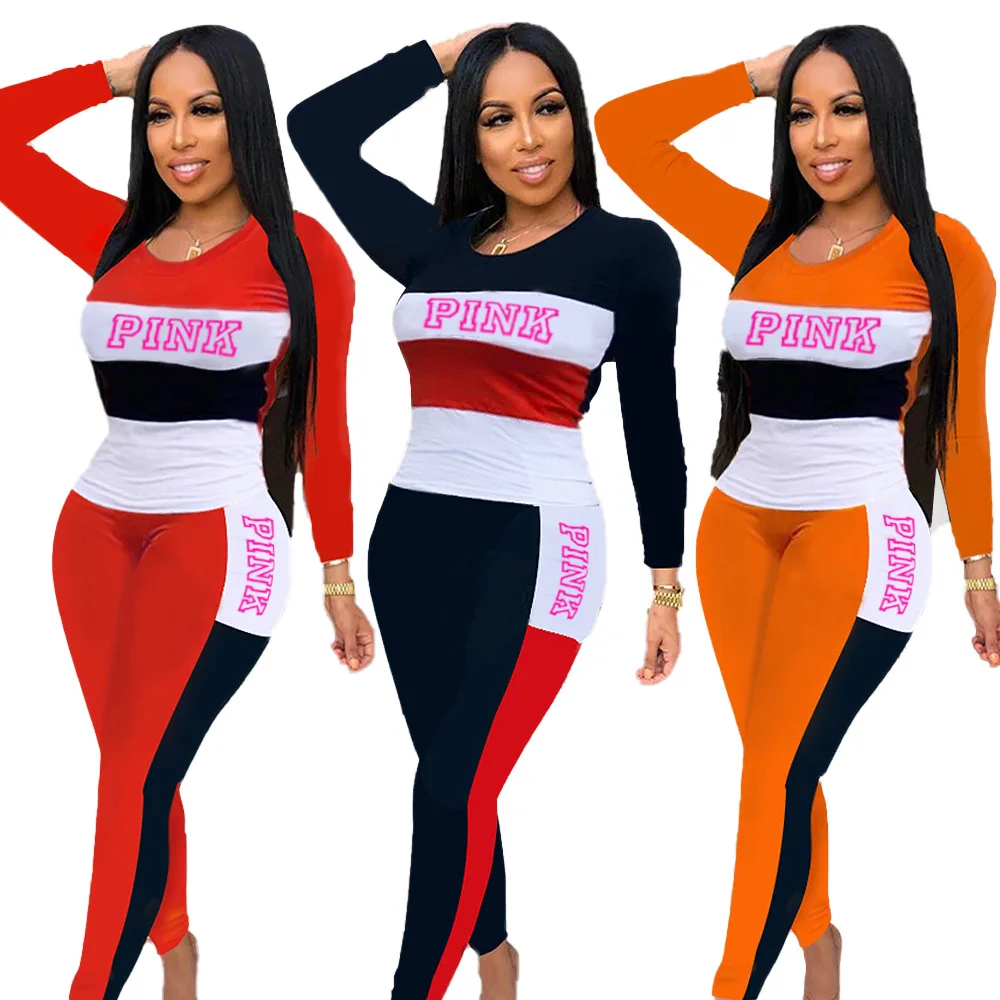 

Женский осенний костюм из двух предметов с разноцветными вставками, с буквенным принтом, топ с длинными рукавами, футболки-карандаш, спорти...