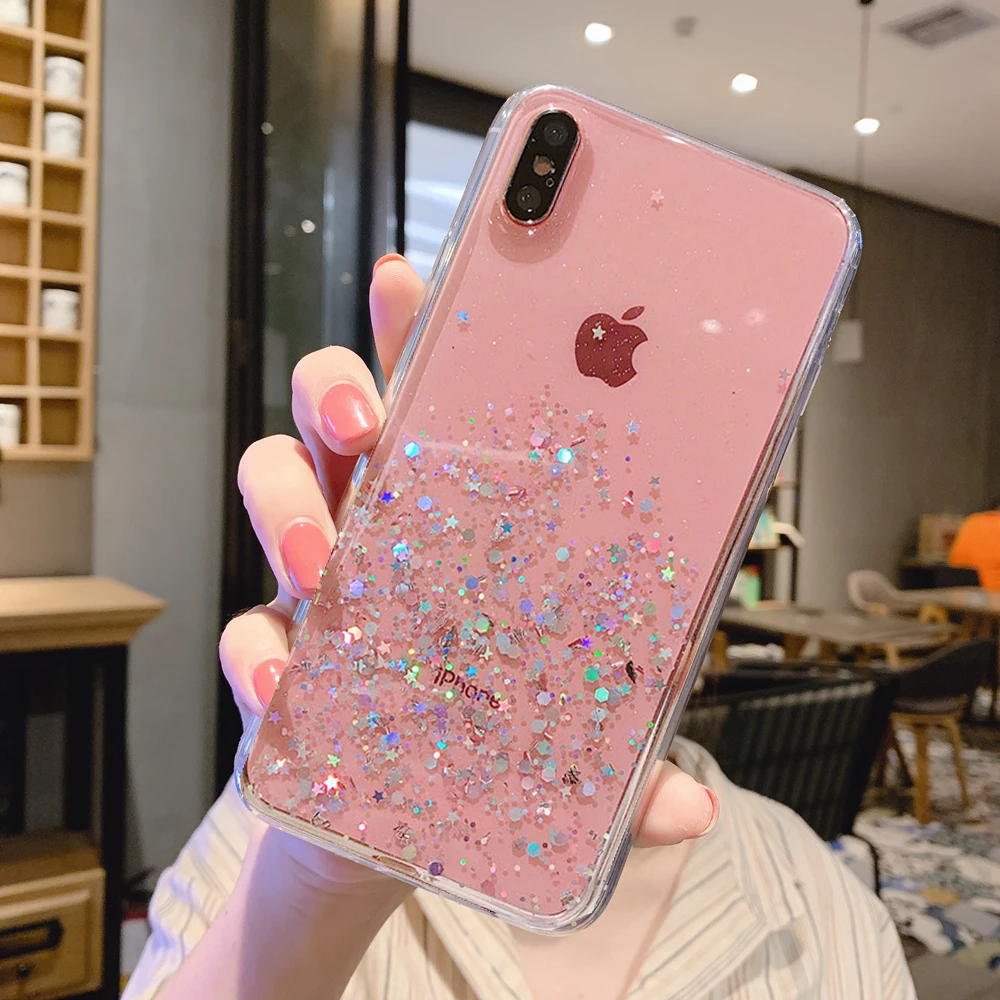 Однотонный чехол quфитиль для iphone 11 8 7 Plus 6 6s блестящий с блестками и эпоксидной