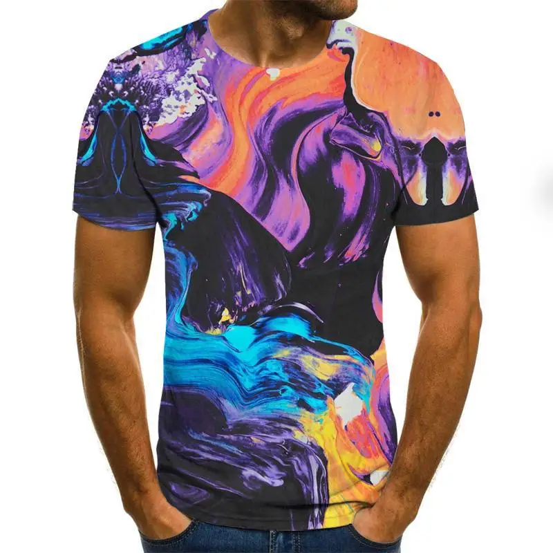 

2020 Summer Europe And America 3d Color Outline Art Digital Printing Top Round Neck Short Sleeve Unisex