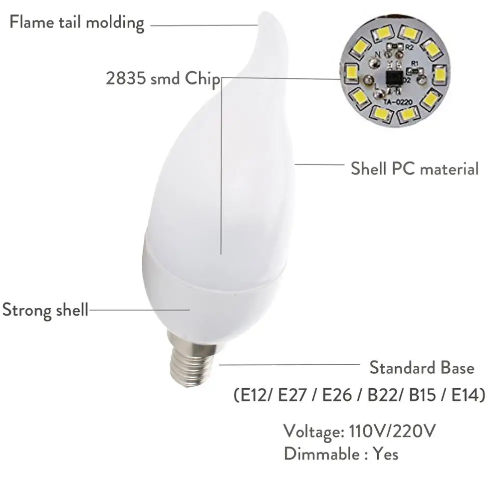 Диммируемая светодиодная лампочка 3 Вт E12 E14 B22 E27 Свеча 2835 SMD декоративное домашнее