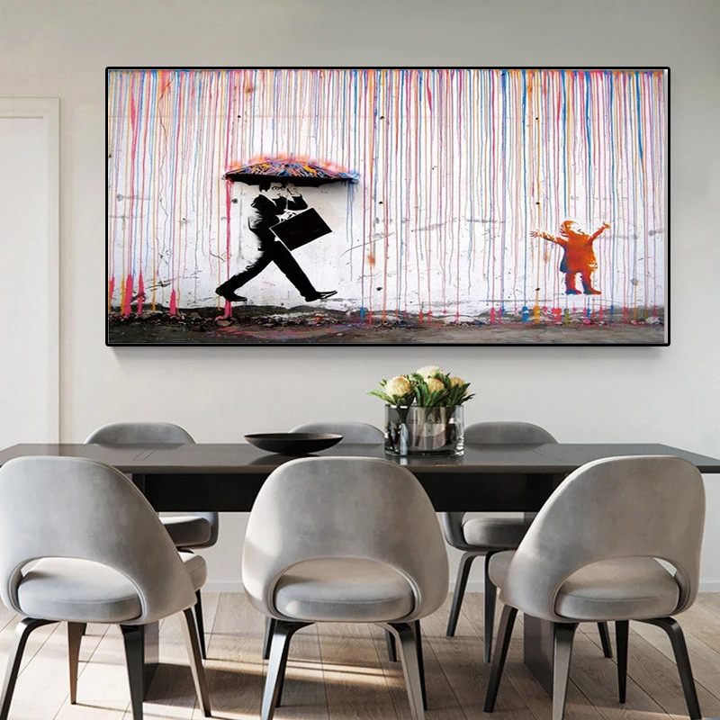 

Banksy Walking In The Rain Street Graffiti Wall Art Canvas Paintings on The Wall Posters and Prints for Living Room Home Decor