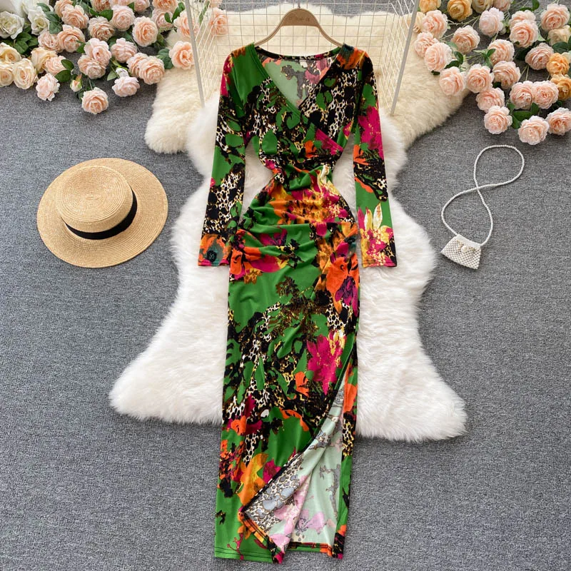 

YIZZHOY Spring Autumn Bohemian Sexy Split Vacation Long Dress Women Retro Print Dress Fashion Long Sleeve V Neck Slim Dresses