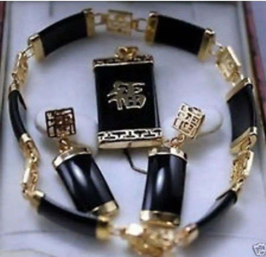 

Free Shipping Wholesale fashion black Natural jade lucky pendant & Earrings Bracelet sets