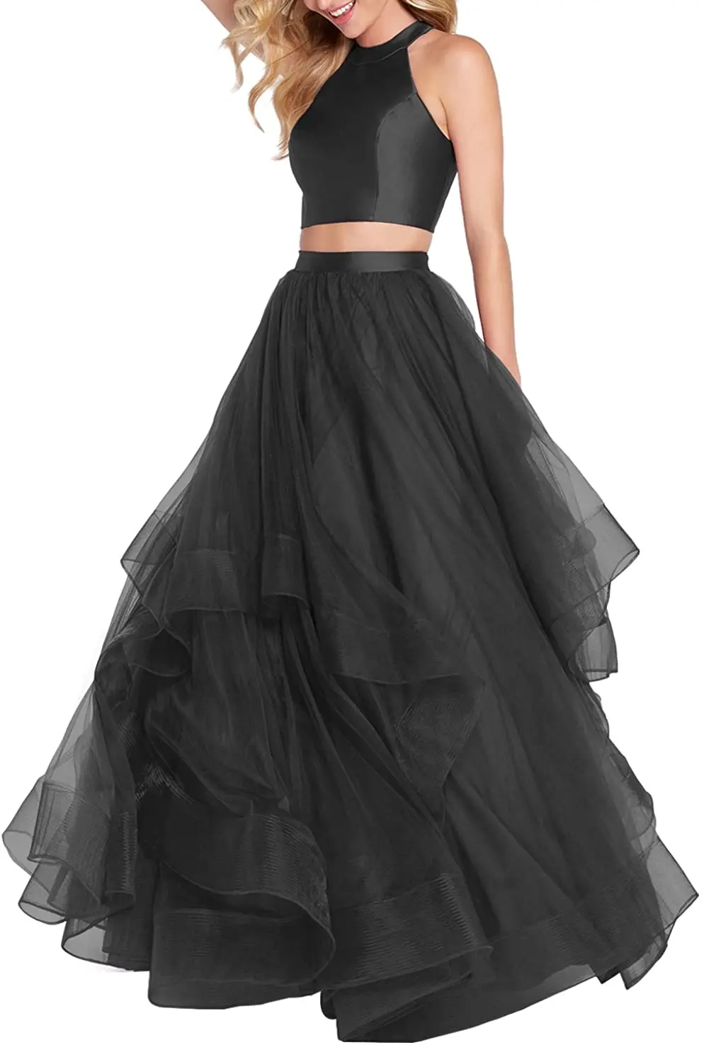 

Women's Halter Two-Piece A-line Tulle Evening Prom Dress Long Formal Party Gown Open Back Prom Dresses with Sparkles