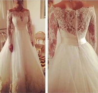 hot sale off shoulder lace applique a line covered button floor length elegant long sleeve wedding gowns bride dresses 2015