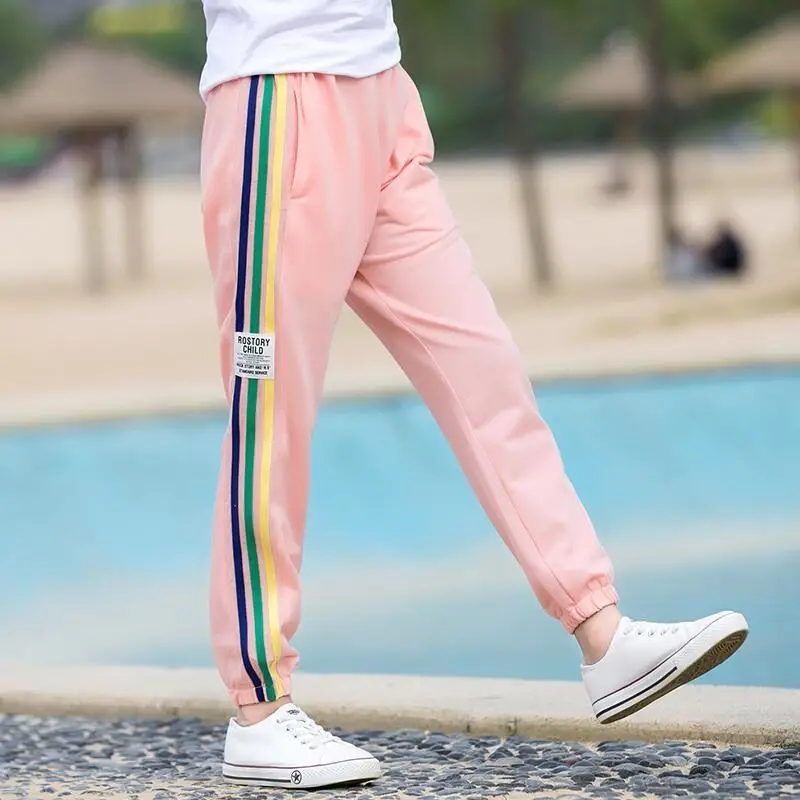 Брюки для девочек повседневные модные спортивные штаны брюки с полосками сбоку