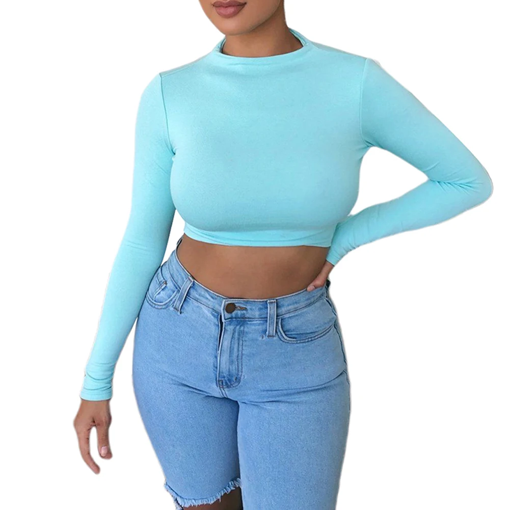 Женская футболка 2020 Однотонная с круглым вырезом и длинным рукавом женский