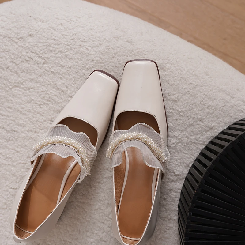 

Hot Retro Women Pumps Plus Size 34-42 New 2021 Spring Genuine Cow Leather Square Heels Black Beige Sweet Mary Janes Shoes Woman