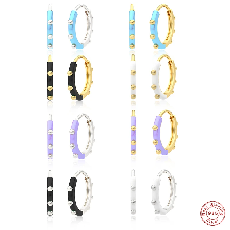 

Aide 925 Sterling Silver Colored Enamel Hoop Earrings Purple Blue Black White Dripping Oil Beads Huggie Earrings Cartilage Hoop