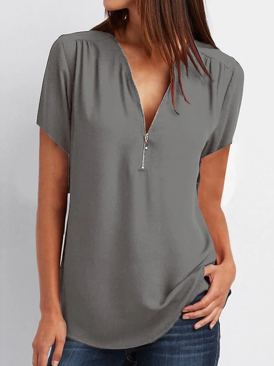 Женская шифоновая блузка с коротким рукавом V-образным вырезом и молнией | одежда