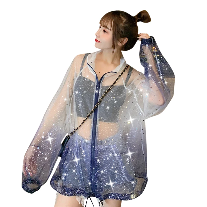 

Summer Net Wild Stars Sequins Cardigan Long Thin Laser Perspective Sunscreen Hoodie Coat Sun Protection Jacket Tops