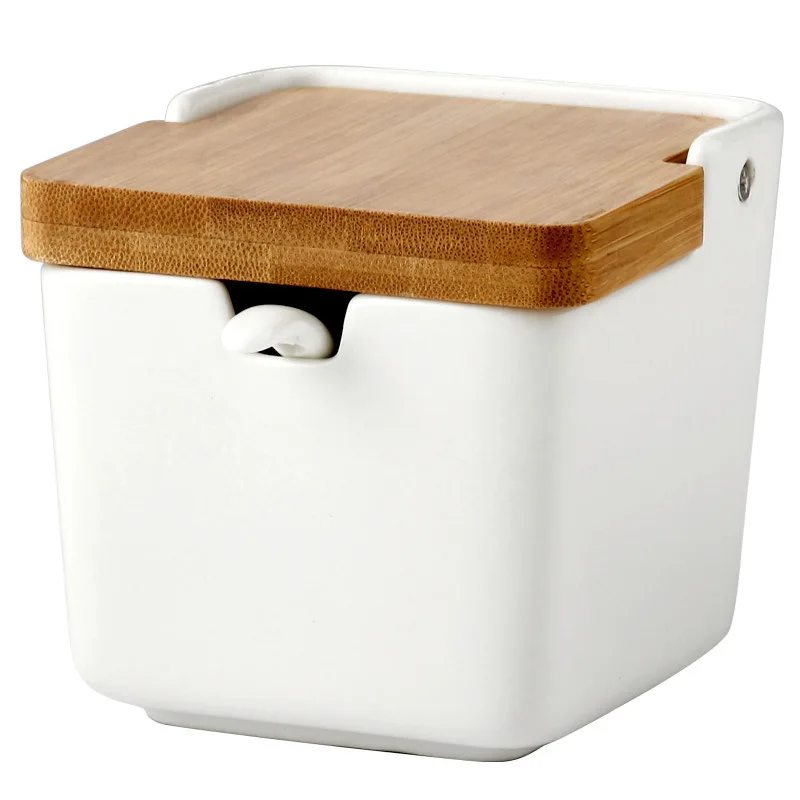 

Nordic Style Household Ceramic Spice Bottle Set Seasoning Box Kitchen Salt Shaker with Bamboo Lid Spoon Square Storage Tool