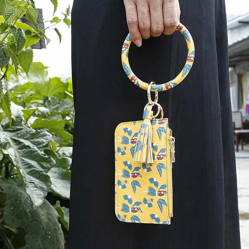 

Circle Wristlet Card Holder Keychain Wallet Unisex PU Leather Pendant Lipstick Holder Bag Wrist Strap Durable Key Chains Purse
