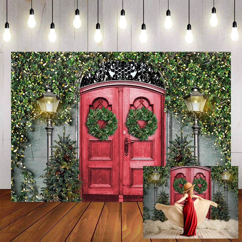 

Mehofond Merry Christmas Photography Background Winter Snow Wreath Red Door Gift Decor Backdrop Photophone Photo Studio Props
