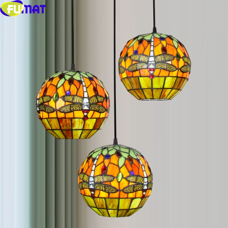 

FUMAT Antique Dining Room Pendant Lamp Tiffany Style Stained Glass Ball Hanging Light Fixture Dragonfly Art Lighting 3 Heads E27