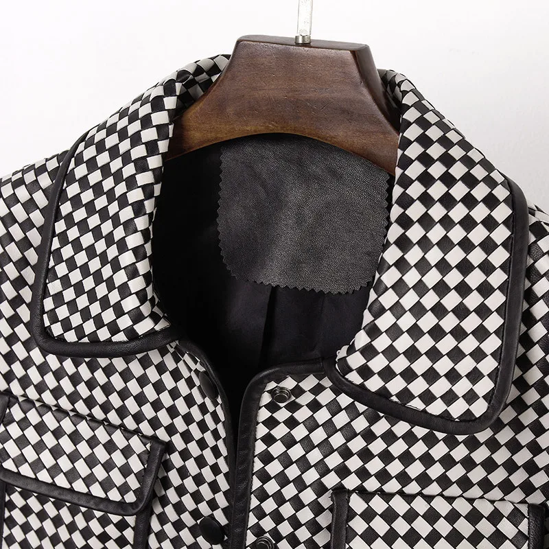 Autumn Korean Style Women's High Quality Black White Plaid Kintted Genuine Leather Jackets C251
