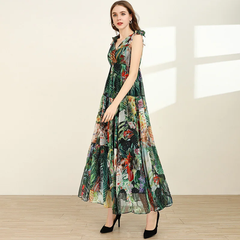 Женское шифоновое платье макси с V образным вырезом и цветочным принтом|Женские