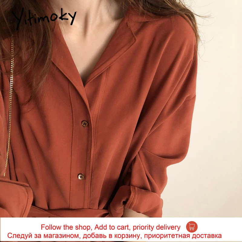 

Yitimoky Vintage High Waist Maxi Shirts Dress for Women 2021 Long Sleeve Turn-down Collar Lace Up Spring Clothes Korean Fashion