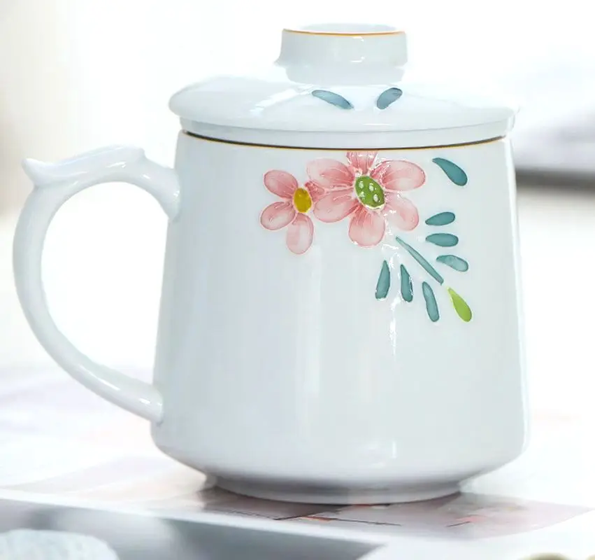 

Flower Wave Pattern Hand-painted Porcelain Cup With Filter Porcelain Cup Ceramic Cup With Lid Chinese Filtering Tea Mug