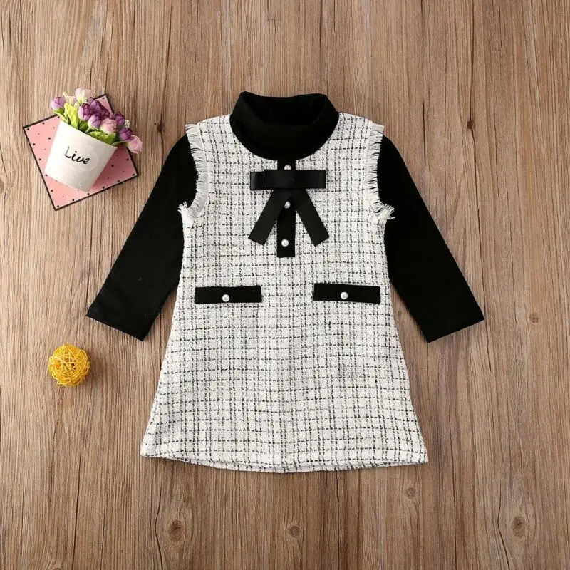 2019 Sweet Girl Kid Elegance Clothes long sleeve Bow Plaid Coat Tops tutu Dress Formal Cotton Outfit 2PCS girls set 1-7Y | Детская