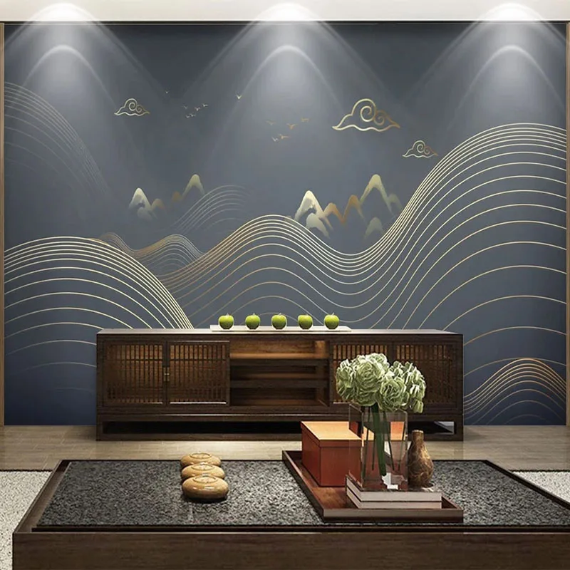 

Custom Mural Wallpaper Chinese Style 3D Golden Line Ink Landscape Background Wall Decor Living Room Study Creative Home 3D Mural