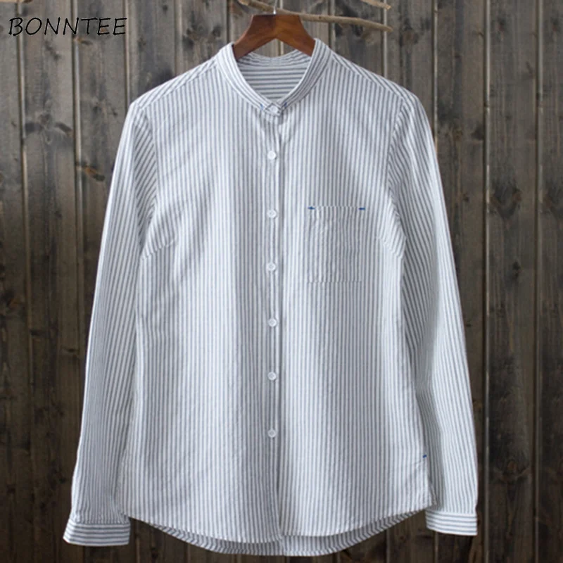 Рубашки женские утепленные с воротником-стойкой в полоску простые универсальные