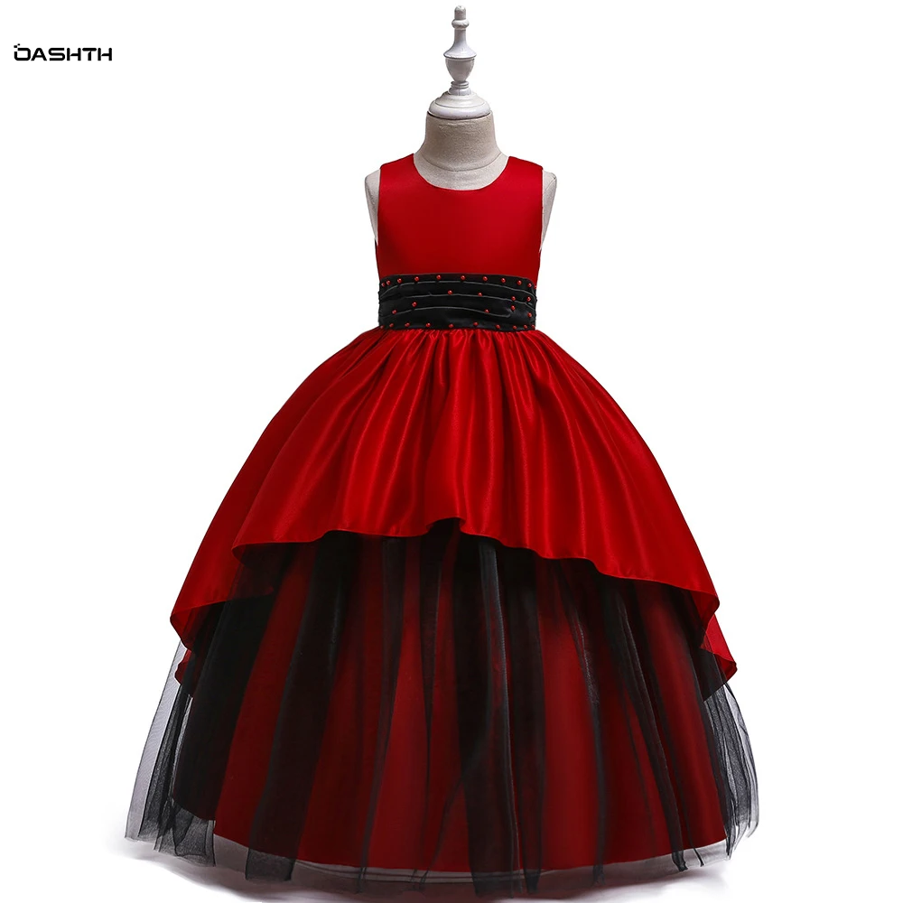 

OASHTH Children's wear new children's dress satin cloth beaded puffy princess long girl catwalk dress