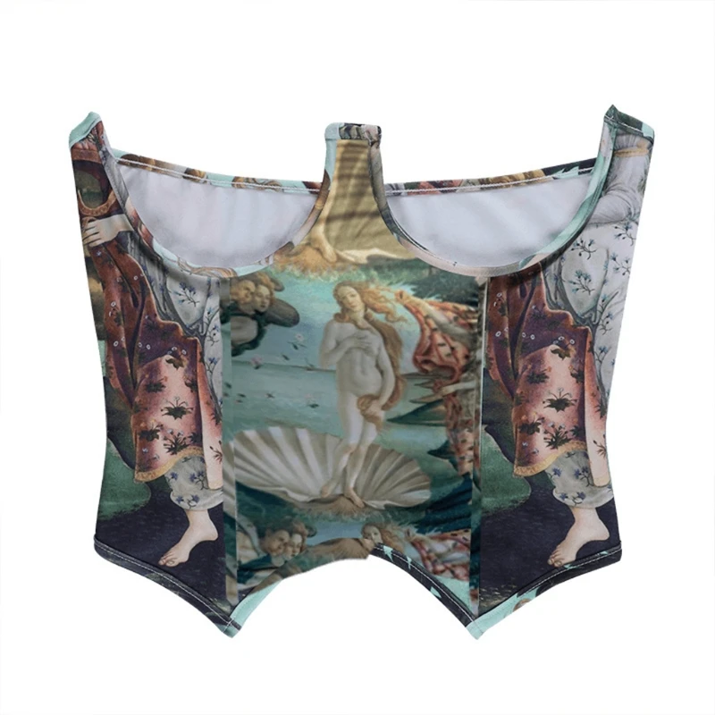 

Женский винтажный пикантный корсет M2EA с принтом масляной живописи, топ в стиле пэчворк, облегающая Талия, уличная одежда с открытой спиной, ...