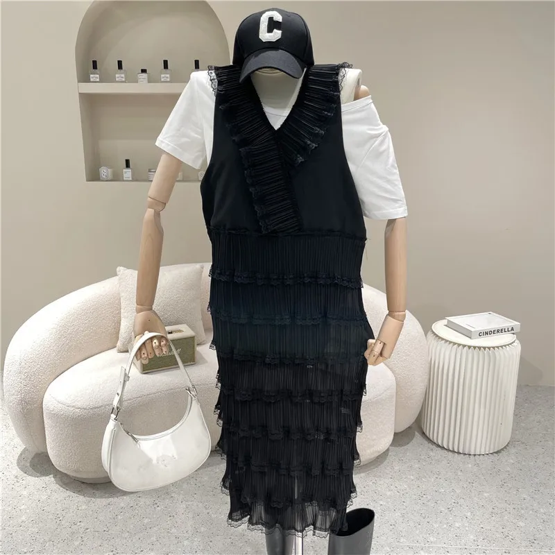 

New Women's Clothing Summer 2021 Short sleeve T-shirt + Vintage long vest Cake dress Two piece set