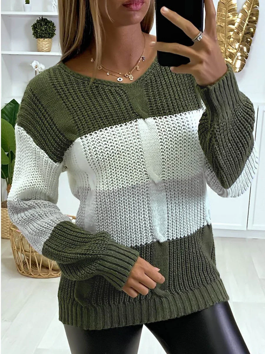 

Womens Knitted Sweater Pullover Casual Color-blocking Long-sleeved Sueter Aesthetic Top All-match Harajuku Women Clothing