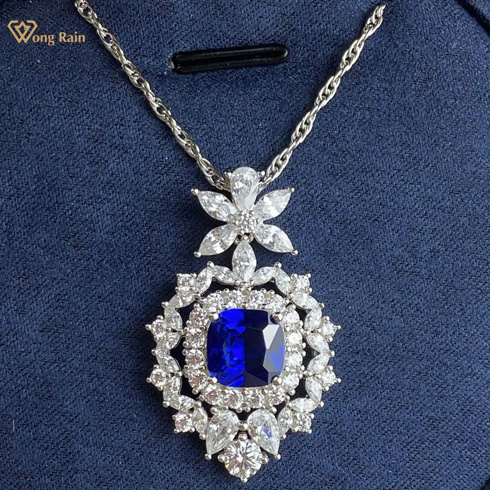 

Wong Rain Vintage 100% 925 Sterling Silver Sapphire Moissanite Gemstone Wedding Party Engagement Pendant Necklace Fine Jewelry