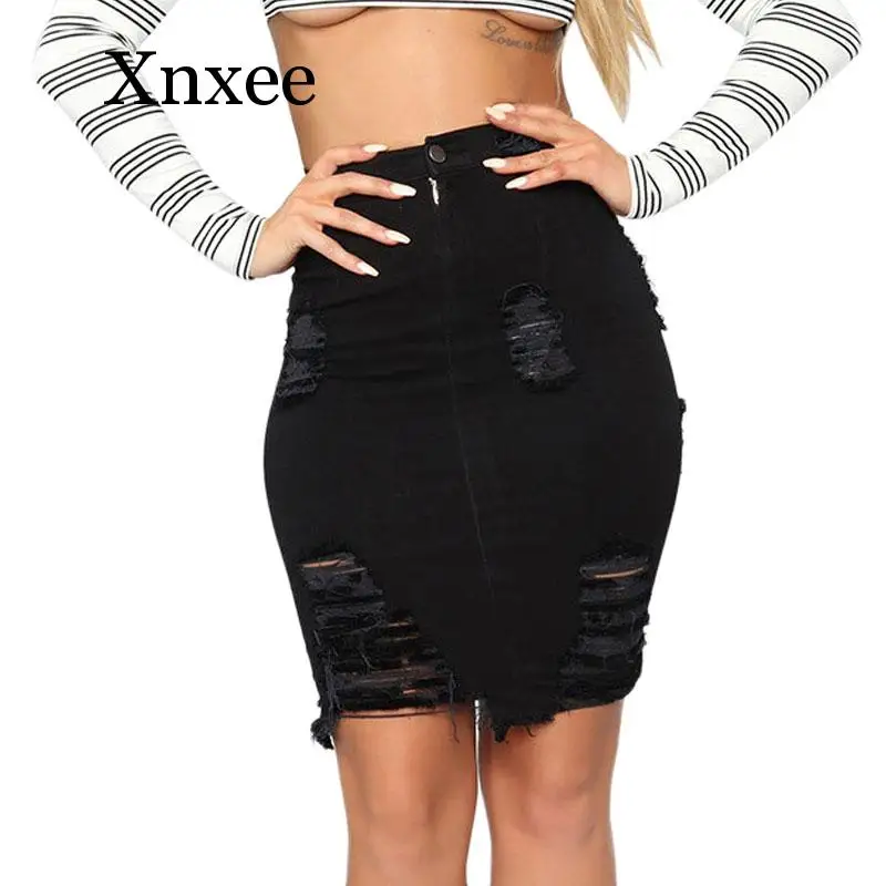Юбка женская с дырками рваная джинсовая облегающая юбка завышенной талией 5