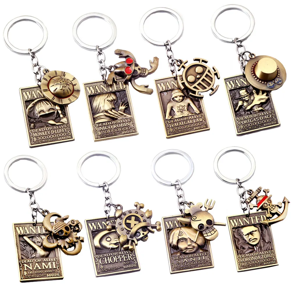 

One Piece Wanted & Logo Luffy Roronoa Zoro Chopper Sanji Portgas D Ace Nami Nico Robin Trafalgar Law Alloy Keychain Key Chain