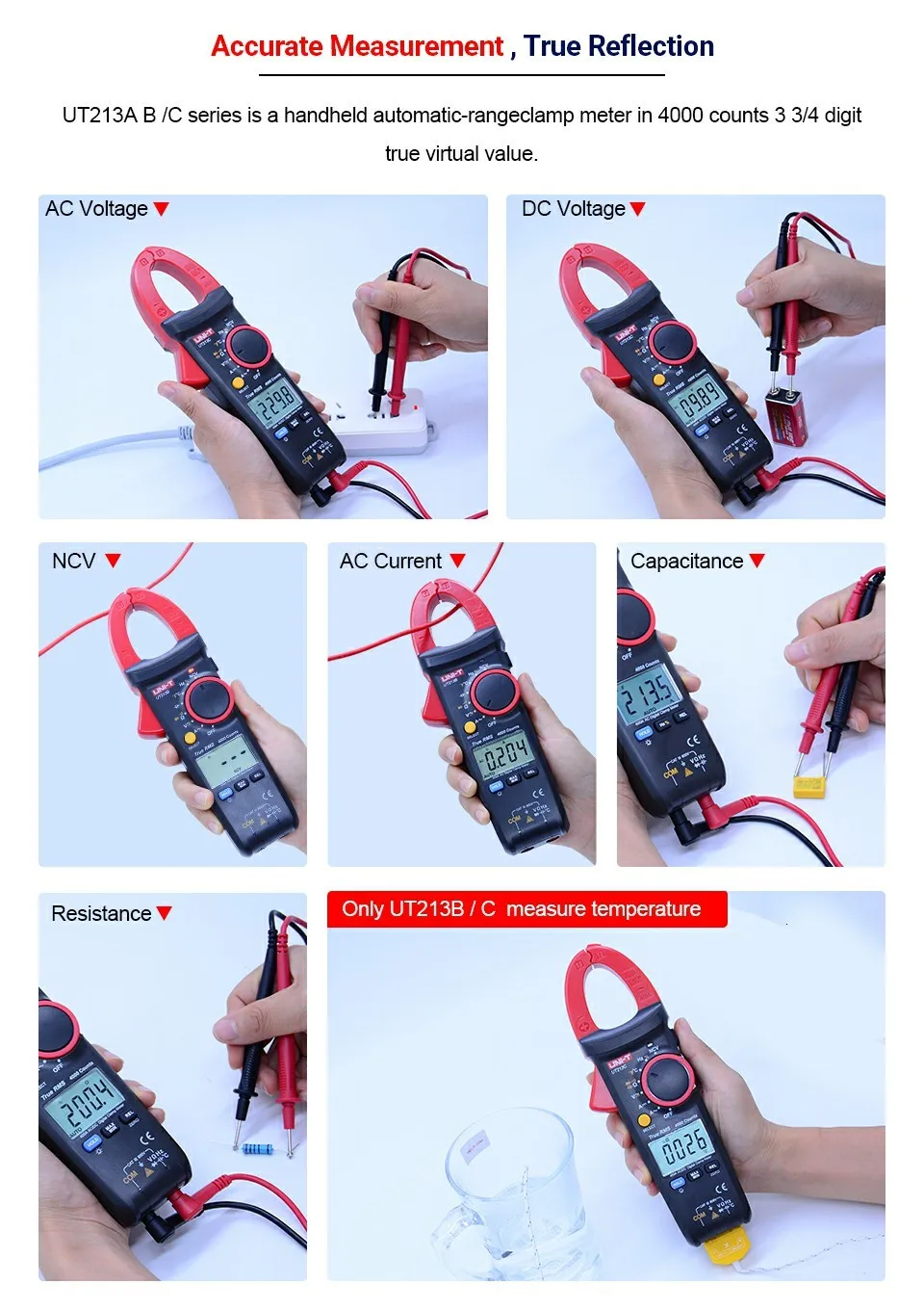 UNI-T UT213A/B/C 400A клещи TRMS AC DC ток напряжение сопротивление емкость температура тестер НТС фонарик Функция
