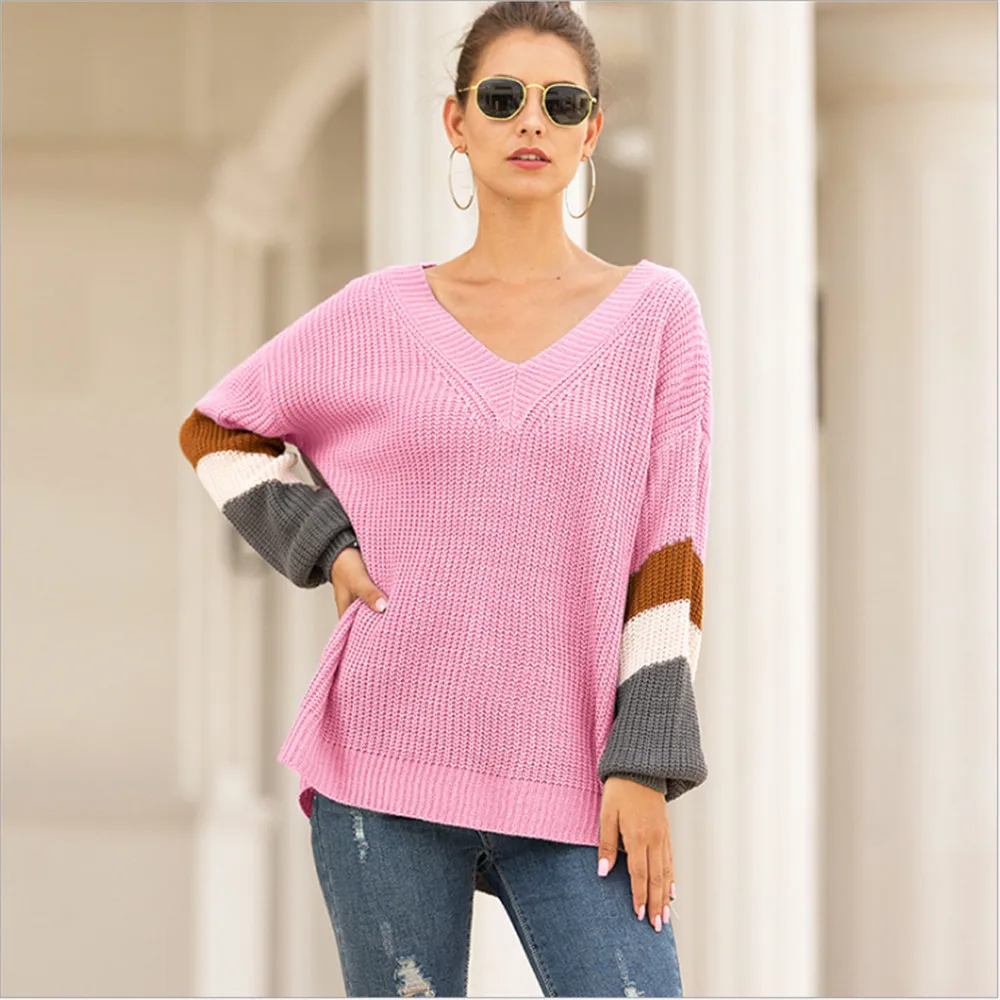 

2019 New sweater female autumn winter foreign trade burst chicken heart V collar lantern sleeve striped knitted sweater