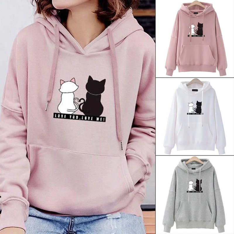 

Высокое качество милый черный и белый Кот Мода свободный ленивый стиль дамы с капюшоном Толстовка Повседневная с длинными рукавами с капюш...