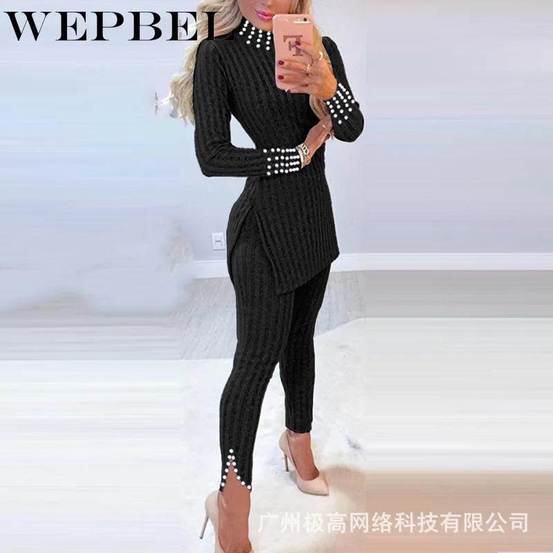 

Комплект из двух предметов WEPBEL для женщин, элегантный длинный пуловер с разрезом и жемчужинами, рубашка + узкие брюки, женский костюм, новые ...