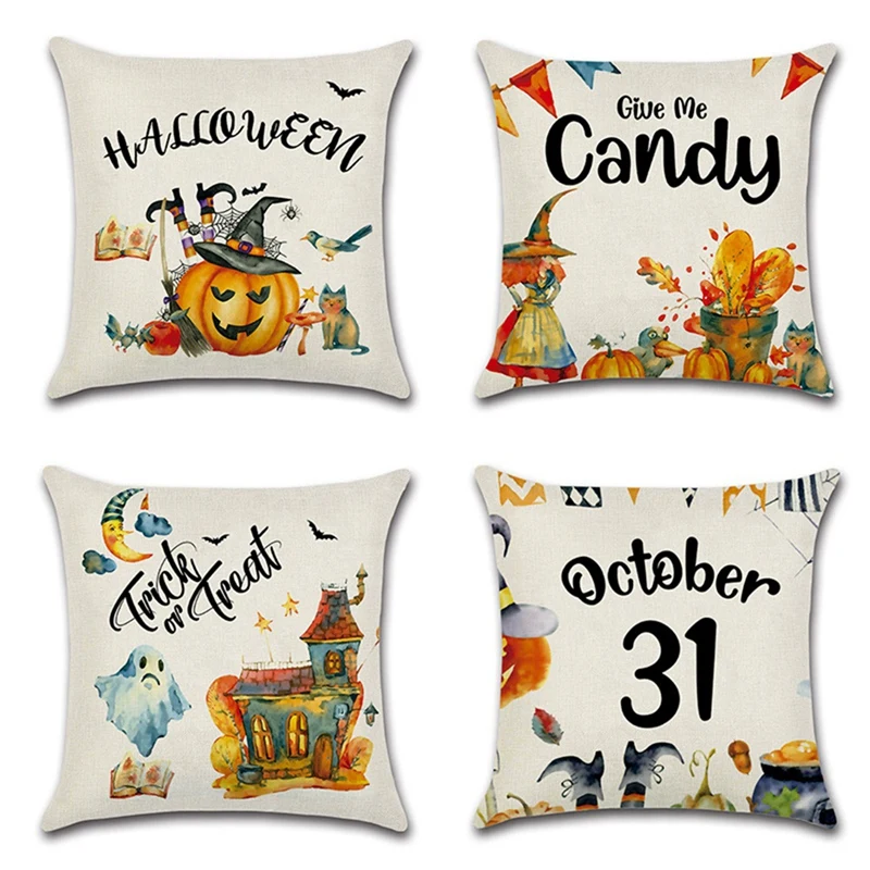 

Halloween Pillow Covers, 18X18 Inch Trick Or Treat Throw Pillow Case For Sofa Bedding Car And Home Decor 4 Pack