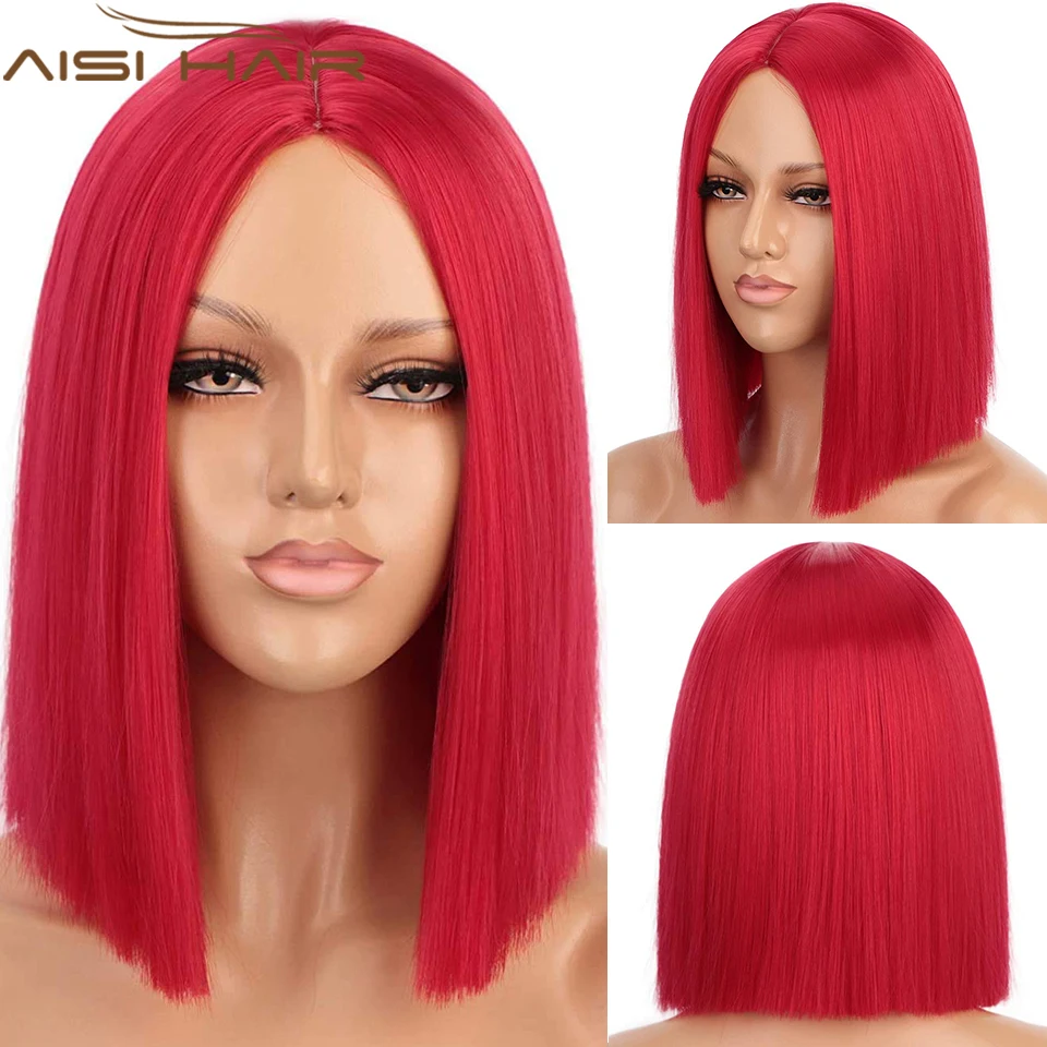 

AISI HAIR Synthetic Short Straight Bob Wig With Bangs for Women Red Pink Black Blonde Wig for Party Daily Use Heat Resistant