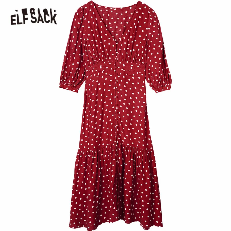 

ELFSACK Black Polka Dot Vintage Casual Midi Dress Women 2020 Summer ELF Red Puff Sleeve Split Korean Ladies Green Party Dress