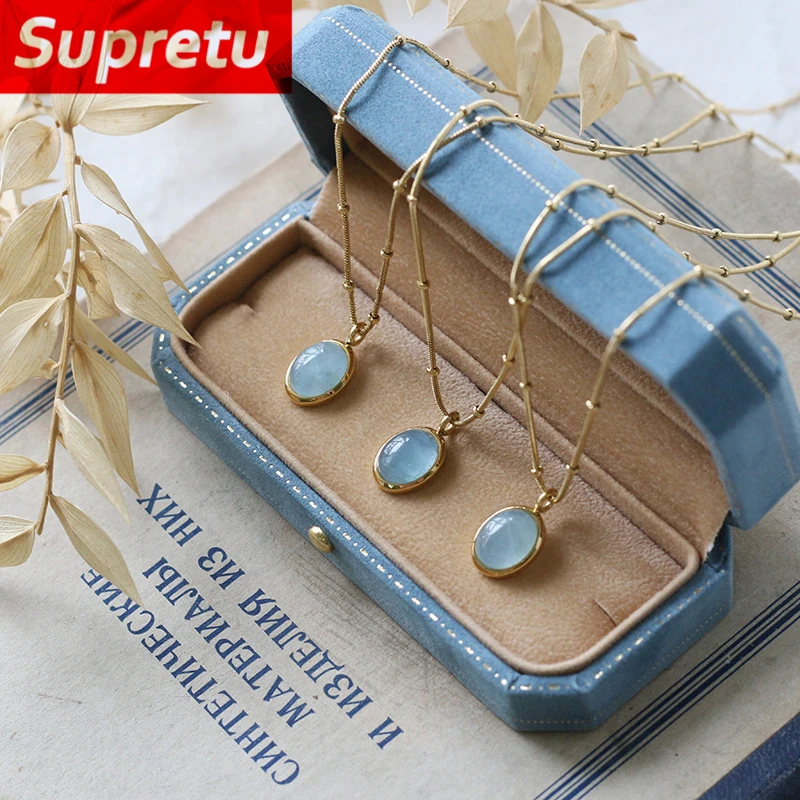Роскошное овальное ожерелье с кулоном из аквамарина, женское ожерелье с титановым стальным покрытием, чокер под золото 18 карат, подарочное Ювелирное Украшение для женщин Роскошное овальное ожерелье с кулоном из аквамарина, женское ожерелье с титановым стальным покрытием, чокер под золото 18 карат, подарочное Ювелирное Украшение для женщин