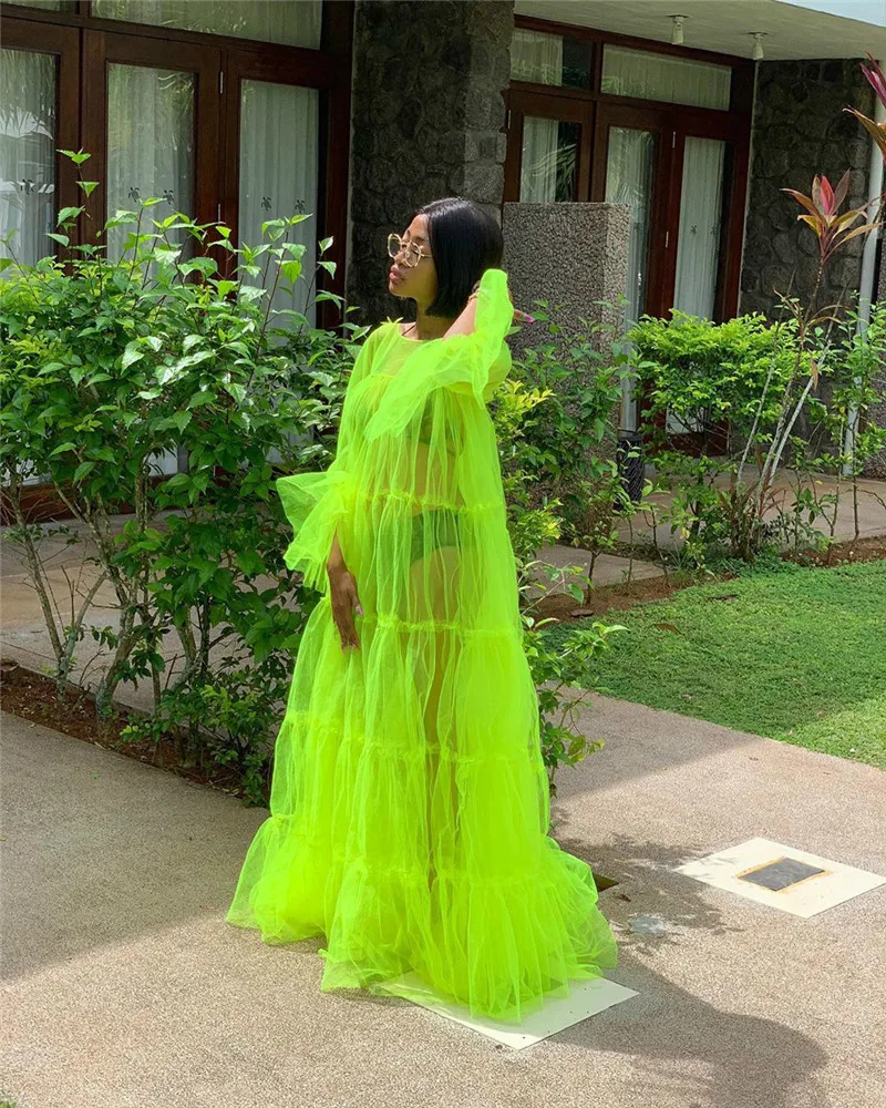 Неоново-Зеленая прозрачная сетчатая туника Пляжная накидка женское Прозрачное