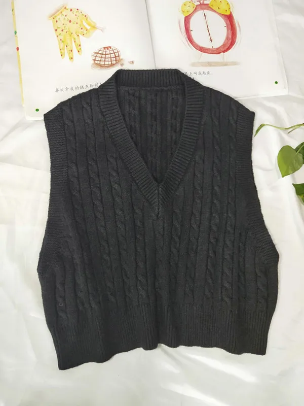 Black Vest Сделанный из пряжи Для женщин пуловер без рукавов, Осень-зима, корейский стиль Винтаж v-образный вырез короткий вязаный шерстяной свитер, жилет зеленого T380 - Цвет: Black Vest
